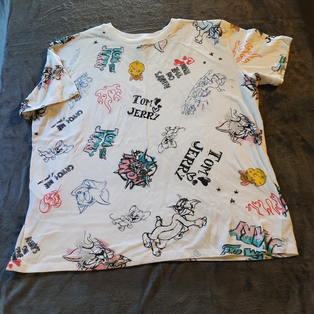 Tom And Jerry T-Shirt Women XXL Graphic All Over‎ Print White Y2K Streetwear